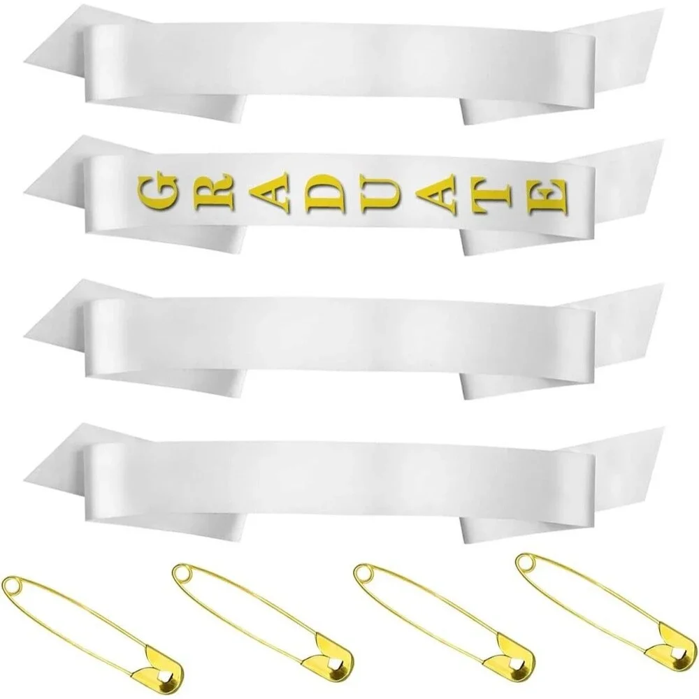 4 Pack Premium White Blank Satin Sash, (4 Pins Included) (White)